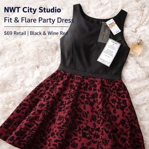 NWT City Studio Black & Wine Fit & Flare Party Dress – $69 Retail